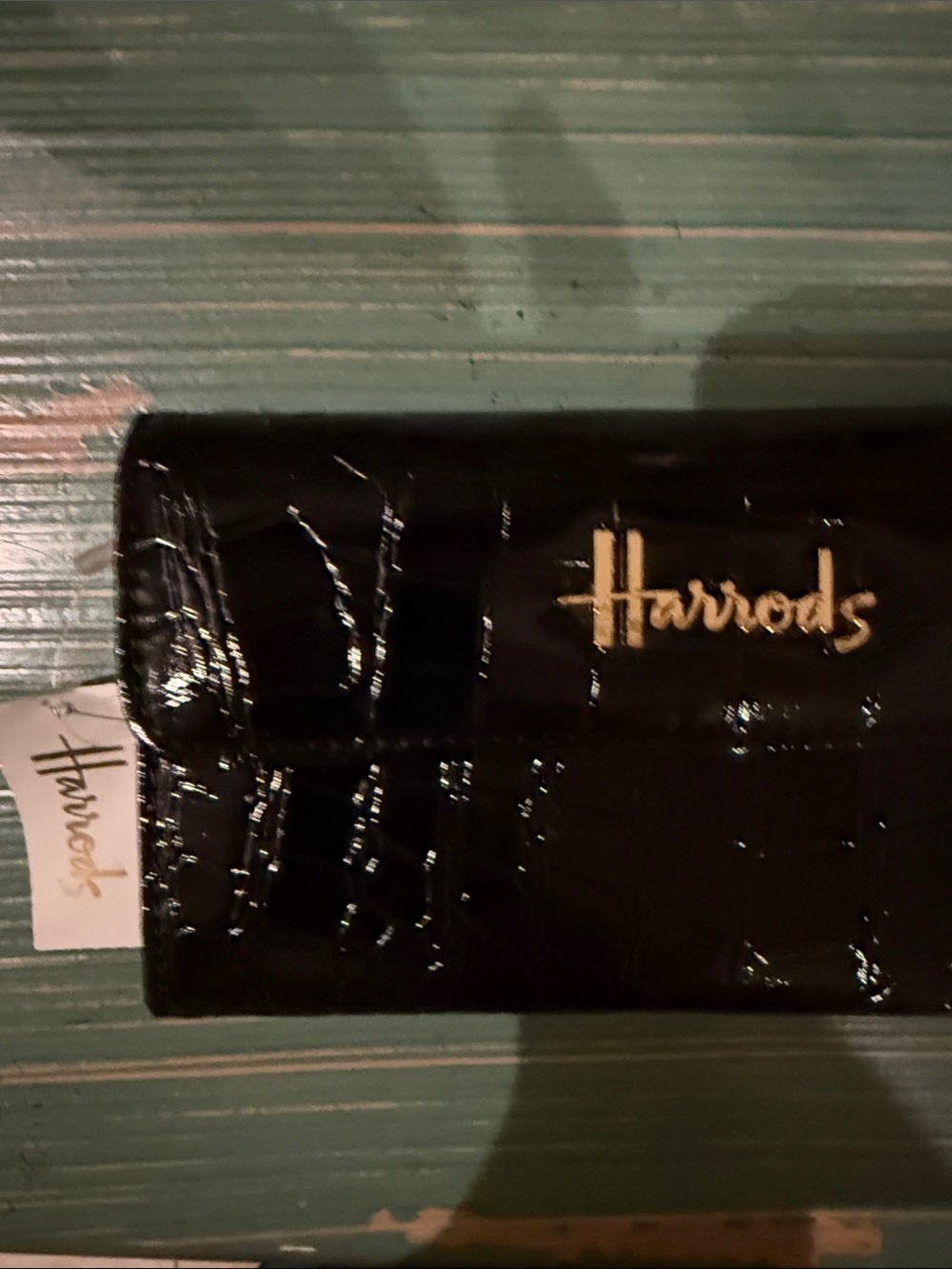 Harrods Black Croc-Embossed Patent Wallet with Gold Logo